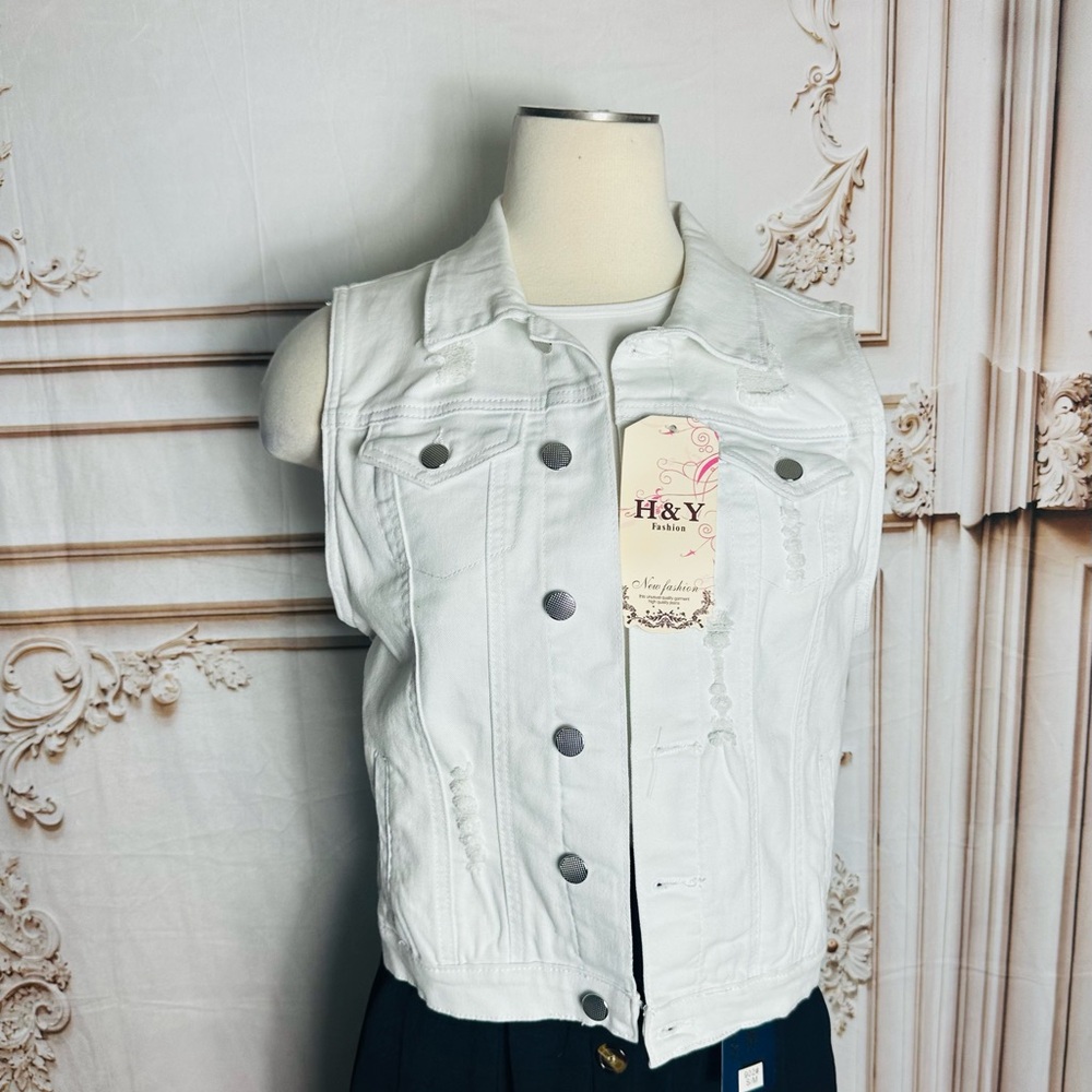 White Embroidered Heart Jean Vest - Floral Back - Picture 3 of 14